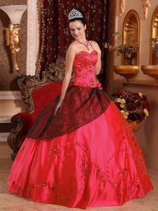 Coral Red Ball Gown Sweetheart Embroidery Dresses for Quince in Satin for Cheap