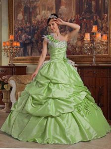 One Shoulder Yellow Green Taffeta Quinceanera Dresses with Hand Made Flowers