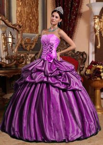 Fuchsia Ball Gown Strapless Taffeta Dress for Quince with Pick Ups and Hand Flower