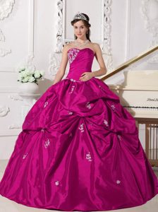 Classical Sweetheart Fuchsia Taffeta Dresses for Quince with Beading and Pick Ups