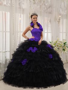 Ball Gown Halter Taffeta and Organza Dress for Quince with Hand Flowers for Less