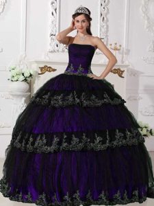 Purple Ball Gown Strapless Taffeta and Tulle Quinceanera Dresses with Appliques