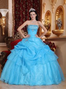 Ball Gown Strapless Organza Beaded Quinceanera Dress with Pick Ups in Aqua Blue