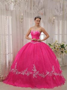 Hot Pink Sweetheart Taffeta and Organza Dress for Quince with Appliques on Sale