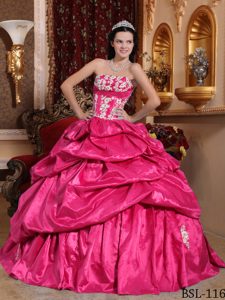 Hot Pink Quinceanera Dress with Appliques and Pick Ups Made in Taffeta