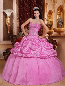 Pink Ball Gown Sweetheart Taffeta Dress for Quince with Pick Ups and Appliques