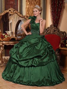 Green Ball Gown One Shoulder Quinceanera Dresses in Taffeta with Hand Flowers