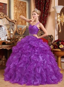 Purple Ball Gown One Shoulder Organza Dresses for Quince with Ruffled Layers