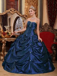 2013 Royal Blue Strapless Taffeta Quinceanera Dress with Beading and Pick Ups
