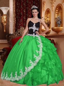 Ball Gown V-neck Taffeta and Organza Dresses for Quince with Appliques in Green