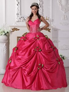 Hot Pink Spaghetti Straps Taffeta Quinceanera Dresses with Hand Made Flowers
