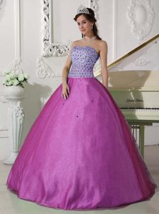 Fuchsia Ball Gown Sweetheart Tulle Beaded Quinceanera Dresses Popular in 2013