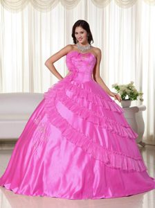 Hot Pink Strapless Taffeta Embroidery Dresses for Quince Best Seller Nowadays