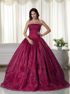 Wine Red Ball Gown Strapless Organza Quinceanera Dress with Beading on Sale
