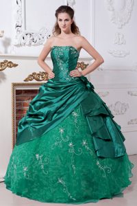 Cute Turquoise Strapless Taffeta and Organza Dress for Quince with Embroidery