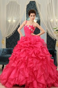 One Shoulder Coral Red Appliqued And Ruffled Dress for Quince Made in Organza