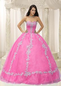 Pink Sweetheart Appliqued and Beaded Quinceanera Dress Made in Satin