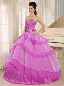 Hot Pink Sweetheart Beaded and Ruched Dress for Quince with Ruffled Layers