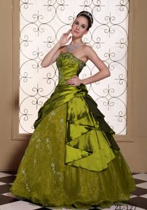 Fitted Olive Green Embroidery Dress for Quince in Taffeta and Organza
