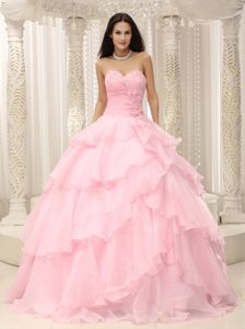 Baby Pink Organza Beaded Sweet Sixteen Dress with Flowers and Ruche