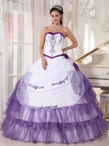 White and Purple Sweetheart Quinceanera Gown in Satin and Organza