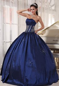 Navy Strapless Embroidery and Beaded Dresses for Quince in Taffeta