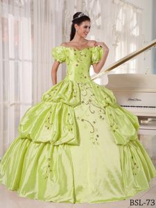 Off The Shoulder Taffeta Embroidery Sweet Sixteen Dress with Pick-ups