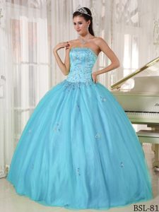 Nice Blue Strapless Sweet 15 Dress in Taffeta and Tulle with Appliques