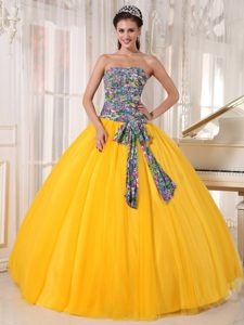 Yellow Quinceanera Dresses in Printing with Sequins and Bow