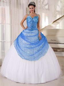 Quinceanera Gown in Blue and White in Sequin with Appliques