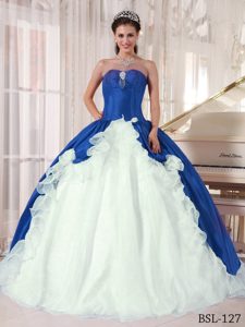 Blue and White Quinceanera Gown with Beading in Organza and Taffeta