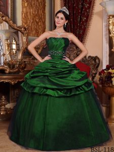 Fitted Strapless Quince Dress in Green in with Beading