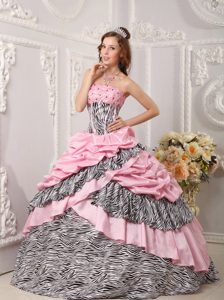 Romantic Pink Beaded Strapless Dress for Quinces in Taffeta and Zabra