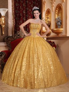 Cheap Gold Sweet 15 Dresses with Beading in Special Fabric
