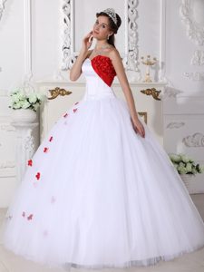 Appliqued White and Red Satin and Tulle Sweetheart Quinceanera Gown