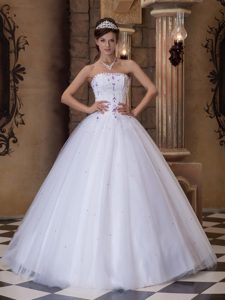 Beaded White Strapless Embroidery Quinceanera Dress in Satin and Tulle