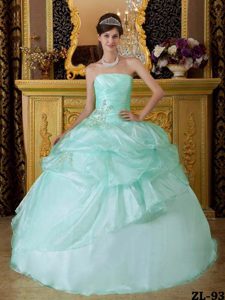 Apple Green Strapless Organza Dress for Quince with Beading and Ruche