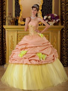 Taffeta and Tulle Sweet Sixteen Dresses in Pink and Yellow with Beading