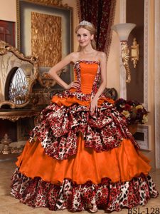 Quinceanera Gowns in Taffeta and Leopard with Pick-ups in Orange Red