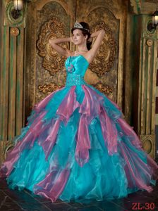 Strapless Organza Quinces Dress in Multi-color with Beading and Ruffles