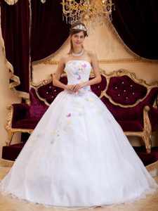 White Strapless Organza Dresses for Quinceanera with Appliques