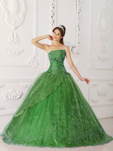 Olive Green Strapless Dress for Quince in Satin and Organza with Beading
