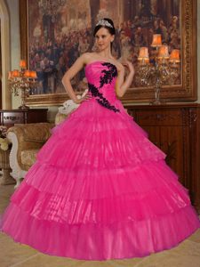 Hot Pink Appliqued Strapless Sweet 16 Quinceanera Dresses in Organza