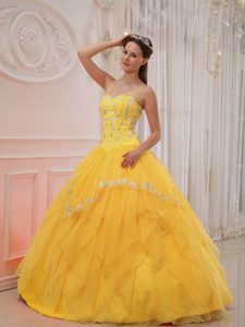 Beaded Yellow Sweetheart Quinceanera Gown in Organza with Appliques