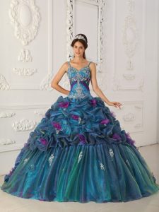 Teal Embroidery Quinces Dress in Organza with Chapel Train and Straps
