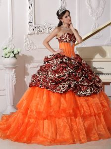 Orange Sweetheart Leopard and Organza Quinces Dress with Appliques