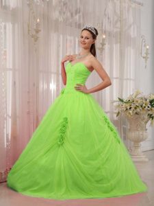 Spring Green Tulle Beaded Quinceanera Dress with Hand Made Flowers