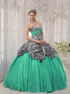 Turquoise Sweetheart Dress for Quince in Taffeta and Zebra with Ruffles