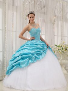 Aqua Blue Sweetheart Taffeta and Tulle Sweet 15 Dresses with Beading