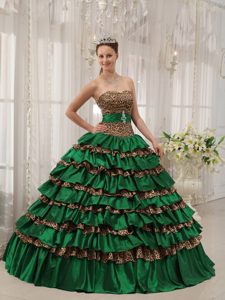 Green Ruffled Quinceanera Dress with Sweetheart in Taffeta and Leopard